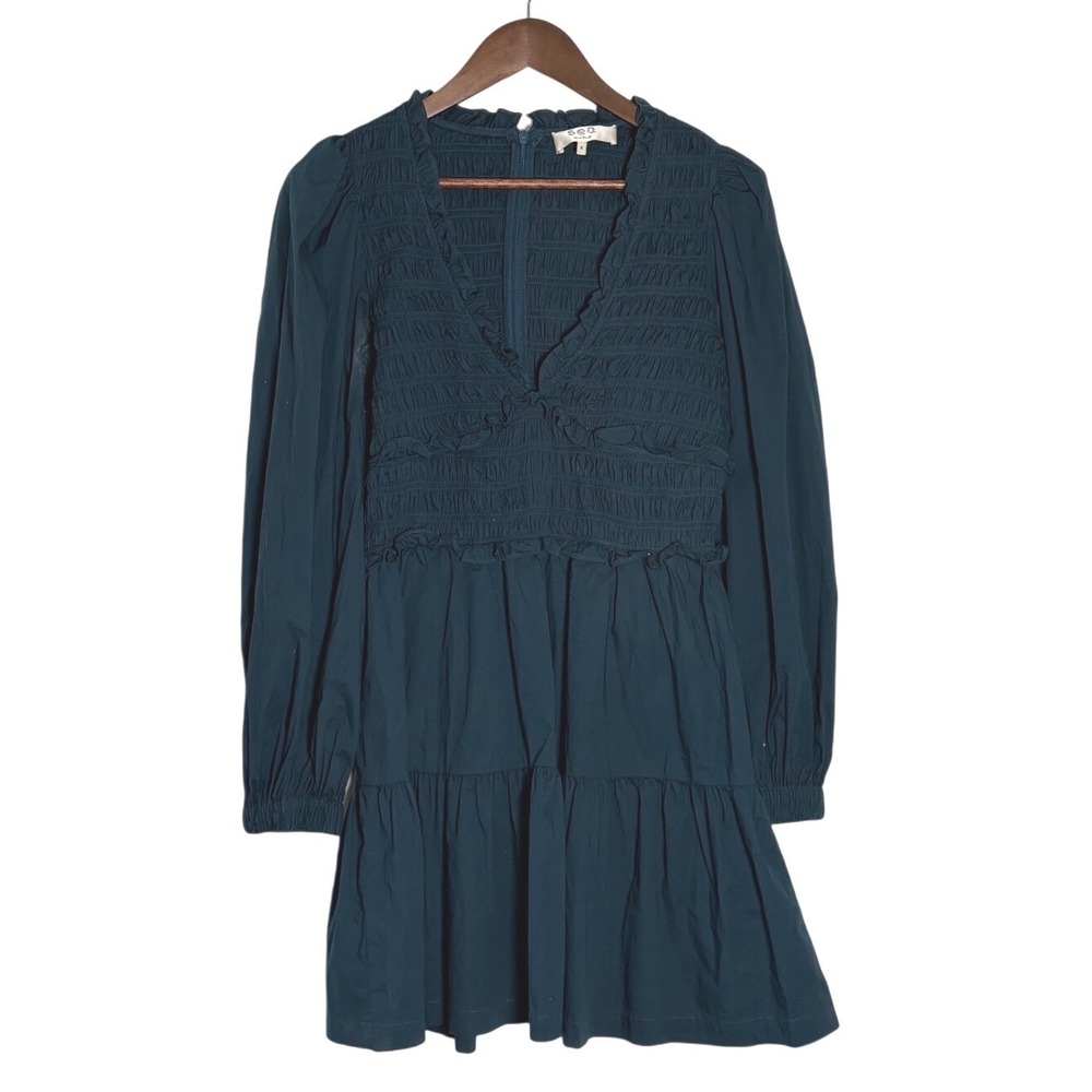 Sea‎ New York Smocked Gaia Tiered Mini Dress Teal Blue Cotton Long Sleeve Size 8